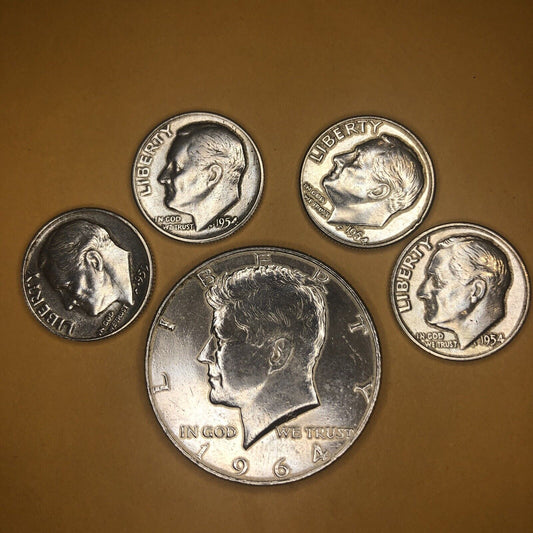 64 Kennedy Half & Roosevelt Dimes-90% Silver 5 Coin Lot 90¢ Face Value How Many!